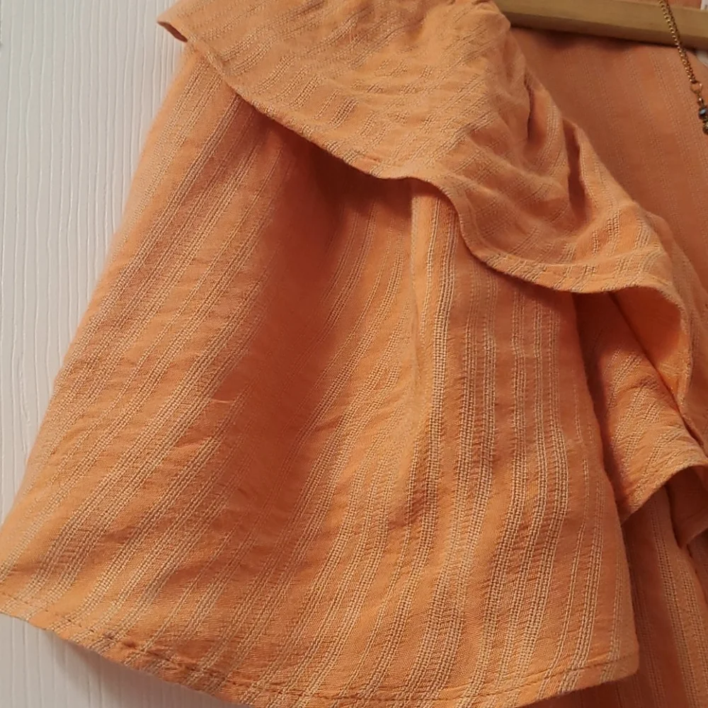 FREE PEOPLE Rosemary Ruffle Peasant Boho Tie Front Top Coral Stripe NWT